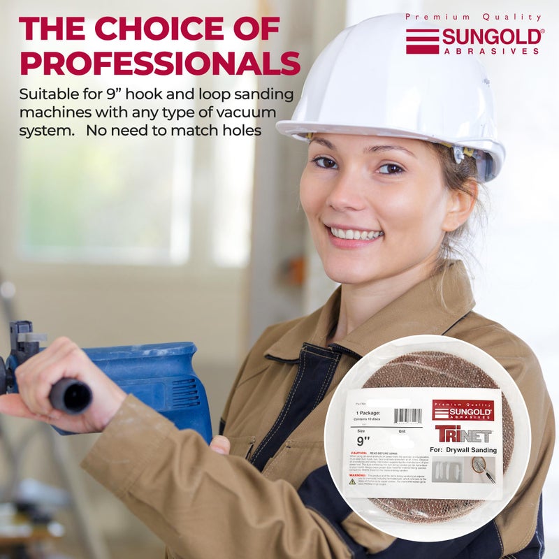 Sungold Abrasives 91-875-100 Trinet Mesh 100 Grit Hook & Loop Stearated Aluminum Oxide Sanding Discs for Drywall Sanders, 10 Pack, 9" - Image 5